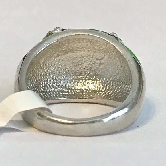 Vintage Green Enamel Cocktail Ring Silver Plated Crystal Rhinestone Size 8 Boho - Picture 8 of 12